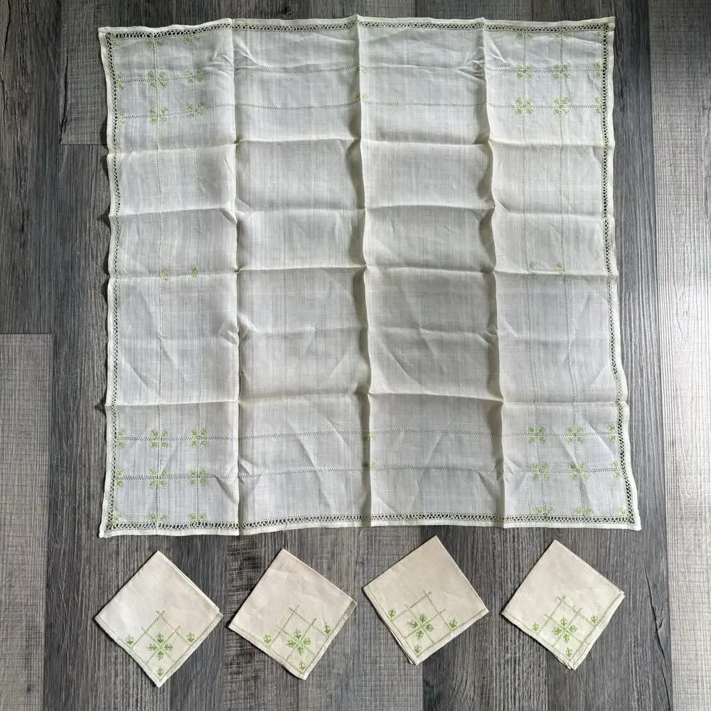 VTG 5 Piece Linen Set Square Tea Tablecloth 4 Napkins Hand Embroidery Lace Trim